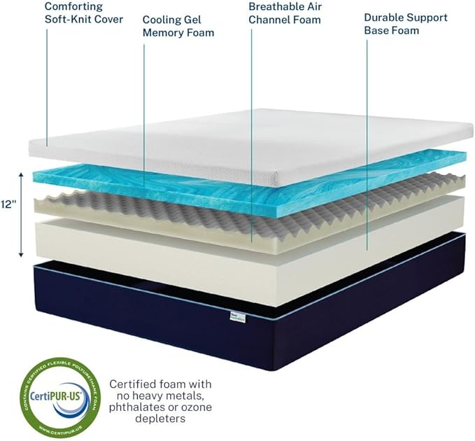 Sleep Innovations Marley 12 Inch Cooling Gel Memory Foam Mattress, King Size, Bed in a Box, Medium Firm Support