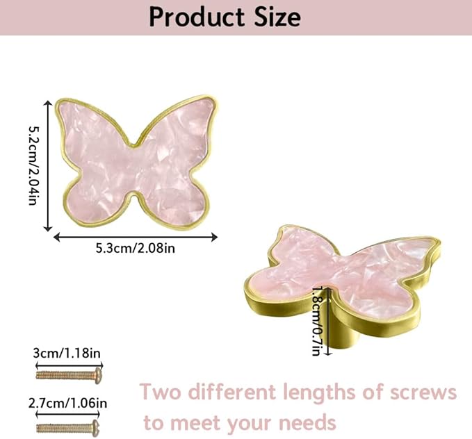 6 pcs Butterfly Shape Knobs Handle Gold Cabinet Knobs Decoration Door Handle Single Hole Handles Cabinet Drawer Dresser Kitchen Wardrobe Furniture Hardware Pulls (Pink)