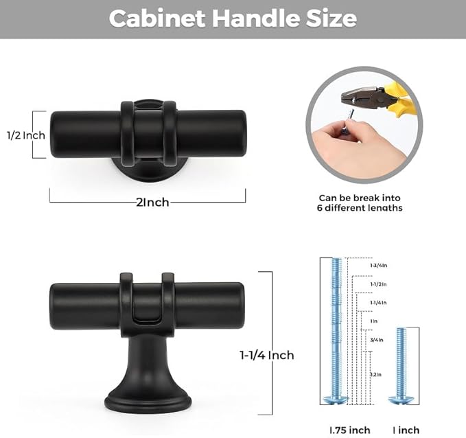 25 Pack Matte Black Cabinet Knobs - Kitchen Cabinet Knobs Black Cabinet Pulls for Kitchen Cabinet Drawer Stainless Steel Dresser Knobs for Cabinet Hardware 2 Inch Length Single Hole T Bar