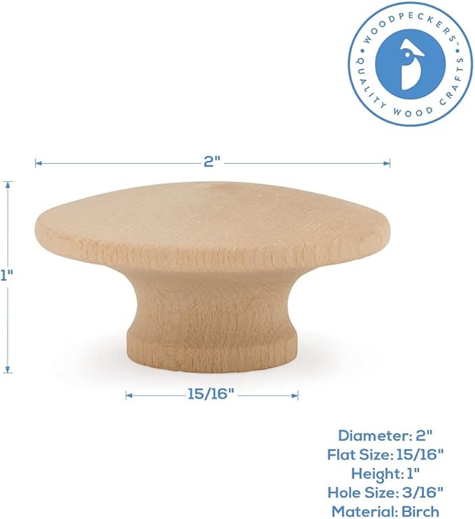 Woodpeckers End Grain Large Wooden Knobs 2 inch for Bifold Closet Doors, Dresser, Cabinet, Pack of 25 Unfinished Knobs for Crafts, Knob Replacement, Furniture