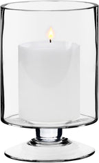 CYS EXCEL Glass Hurricane Pillar Candle Holder (H:8" W:4.75") | Multiple Size Choices Short Stem Candle Centerpieces | Stemmed Glass Cylinder Candle Vase