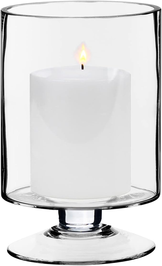 CYS EXCEL Glass Hurricane Pillar Candle Holder (H:8" W:4.75") | Multiple Size Choices Short Stem Candle Centerpieces | Stemmed Glass Cylinder Candle Vase