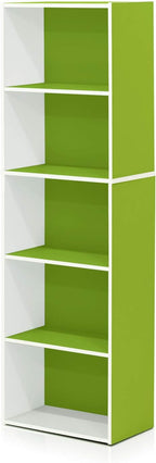 Furinno LUDER Book Shelf, 5-Tier Bookshelf, Bookcase, 9.4" x 15.8" x 52", for Living Room, Bedroom, Home Office, White/Green
