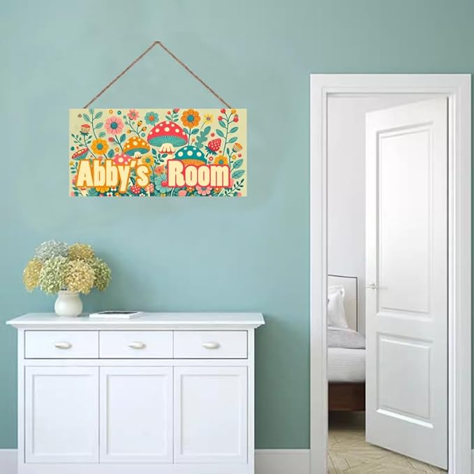 Personalized Sign Mushroom and Flowers Decor For Girls Bedroom Custom Door Sign Wood Plaque Sign Wall Decor For Kids Room