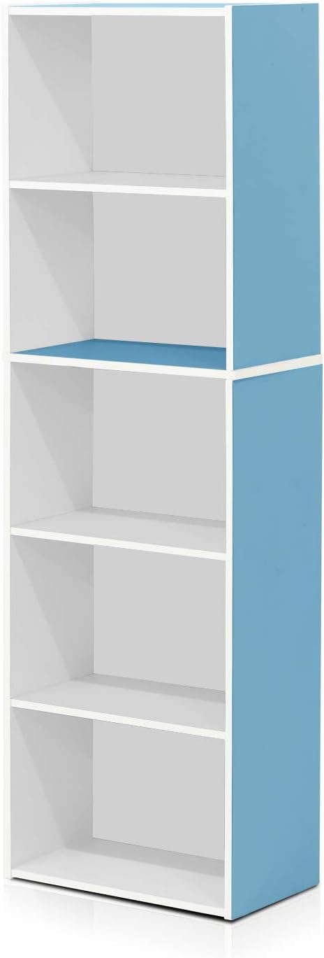 Furinno LUDER Book Shelf, 5-Tier Bookshelf, Bookcase, 9.4" x 15.8" x 52", for Living Room, Bedroom, Home Office, White/Light Blue