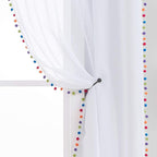Treatmentex White Linen Sheer Curtains for Living Room 95" Long Colorful Pompoms Kids Window Draperies for Nursery Room Baby Voiles 2 Panels