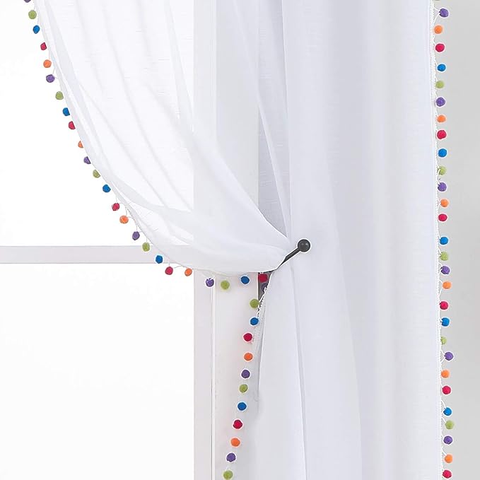 Treatmentex White Linen Sheer Curtains for Living Room 95" Long Colorful Pompoms Kids Window Draperies for Nursery Room Baby Voiles 2 Panels