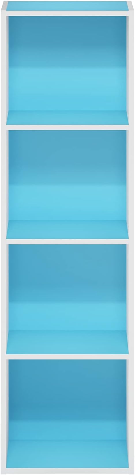 Furinno PASIR Book Shelf, 4-Tier Modern Bookshelf, Open Shelves Bookcase 9" x 12" x 42", for Living Room, Bedroom, Home Office, Light Blue/White