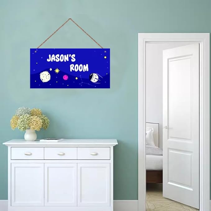 Personalized Sign Space Themed Bedroom Decor Fantasy Spacecraft Sign Outer Space Decor for Boys Room Kids Room Nursery Cartoon Wall Decorations Stuff For Little Man Cave