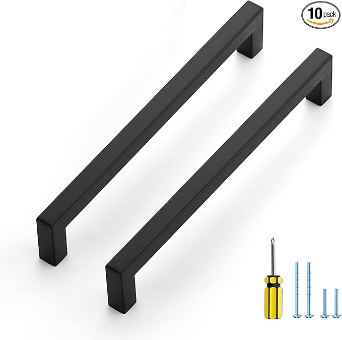 Ravinte 10 Pack Black Cabinet Pulls 7-1/2 Inch Square Kitchen Cabinet Handles Matte Black Kitchen Hardware for Drawer Pulls Drawer Handles Come with Screwdriver