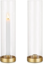 Romadedi Candlestick Candle Holders Hurricane Glass - 12 Inch Clear Gold Taper Candle Holders for Table Centerpiece Wedding Party Birthday Christmas Decor Home Decorations, Set of 2