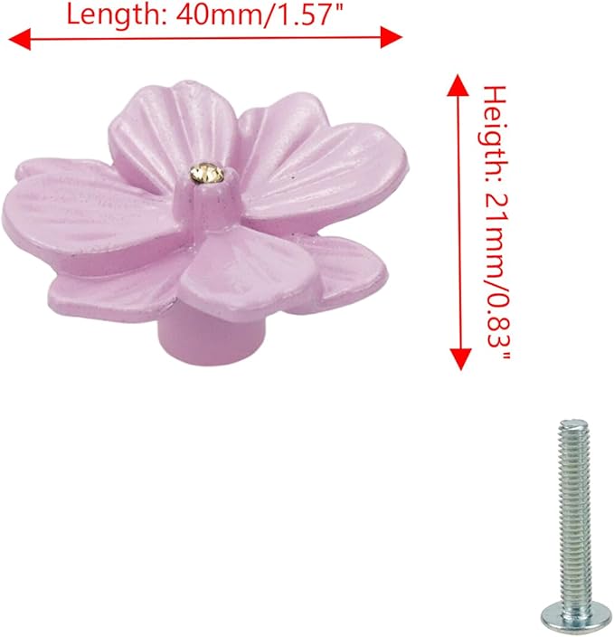 6Pcs Flower Shaped Drawer Knobs Single Hole Dresser Knobs Zinc Alloy Knobs, 1.57x0.83" Pink, with Mounting Screws