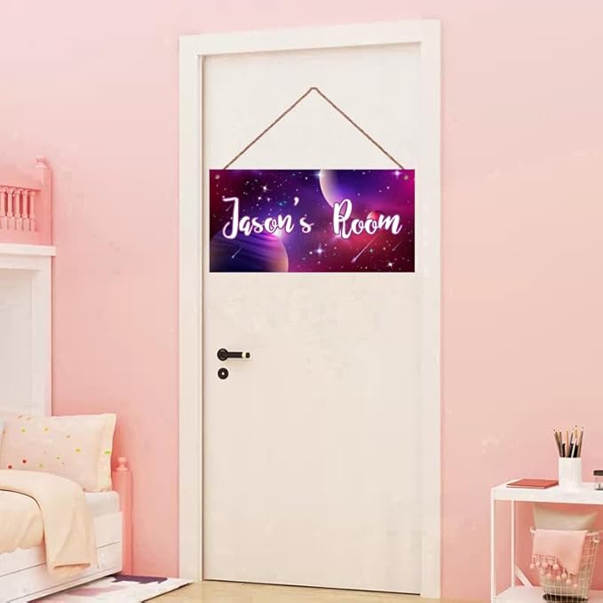 Personalized Outer Space Sign Universe Planet Theme Door Décor For Kids Room Custom Name Little Man Cave Wall Art Decor, Stars Floral Nursery Art Plate For Girls Room Boys Bedroom