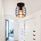 Create For Life® Industrial Vintage Flush Mount Ceiling Light,Rustic Metal Cage Pendant Lighting Lamp Fixture for Hallway Stairway Kitchen Garage, E26, Black Painting Finish