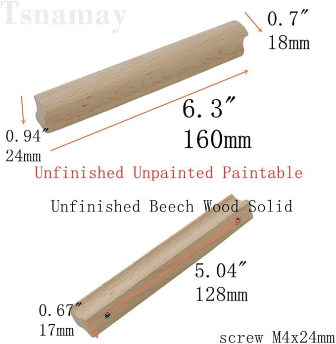 10Pcs Unfinished Beech Wood Solid Furniture Pulls Handles,Unfinished Unpainted Paintable Wooden Handles Cupboard Closet Drawer Handle Pull,Length 6.3",Hole Dis.5.04"
