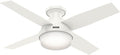 Hunter 44 inch Indoor Ceiling Fan with LED Light and Remote Control - White Modern Ceiling Fan, Low Profile Mount, 4 Blades, For Bedroom, Living Room, or Kitchen, Quiet - Dempsey 59244, Fresh White