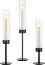 Hewory Black Taper Candle Holders: Candlestick Holders Set of 3 Hurricane Glass Tall Candle Holder for Candlesticks Candle Sticks Holder Decor for Table Centerpiece Wedding Party Christmas Decorations