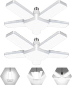 LED Garage Lights 2 Pack, The New 100W Deformable LED Shop Lights with 5 Adjustable Panels, E26/E27 LED Ceiling Light, 10000LM 6500K Hight Bay Light for Basement Warehouse Workshop