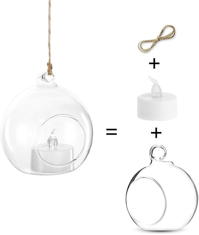 12 Pcs 3.15"/ 8cm Hanging Glass Tealight Holder Globe with LED Tealight, Plant Terrariums Glass Orbs Air Plants Tea Light Candle Holders Home Decor Indoor Outdoor Garden DIY Gifts (12 Pcs)