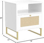 Nathan James Mina Side, End or Accent Table in a Matte White Finish & Brass Gold Legs with Natural Rattan Storage Door for Living Room or Nightstand for Bedroom, White/Gold, Set of 2