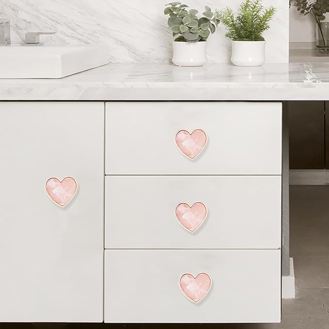 6 Pcs Brass Knobs Drawer Pulls Handles Heart-Shaped Gold Cabinet knobs, Suitable for Bathroom Drawer Kitchen Door Pulls Handles Heart-Shaped Handles (Pink)