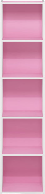 Furinno PASIR Book Shelf, 5-Tier Modern Bookshelf, Open Shelves Bookcase 9" x 12" x 52", for Living Room, Bedroom, Home Office, Pink/White