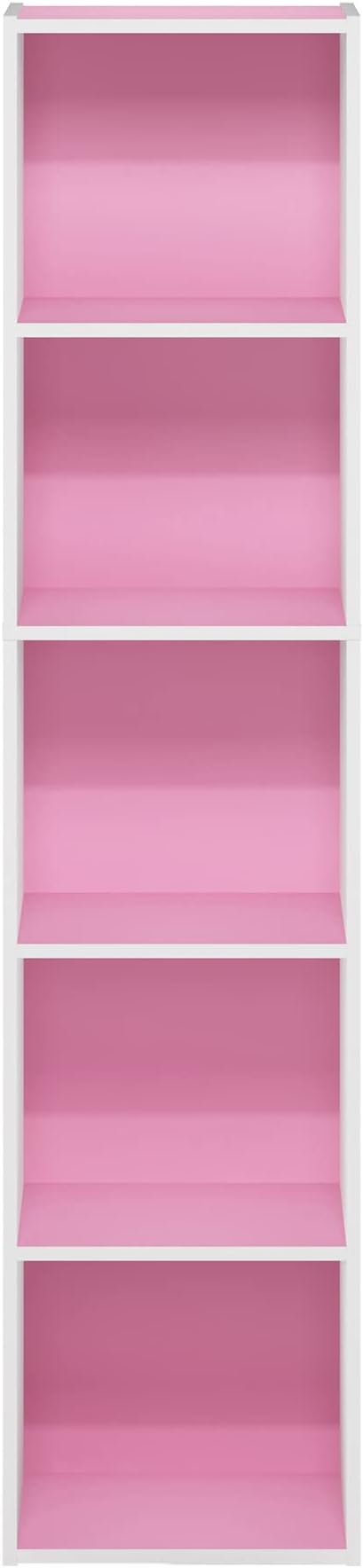 Furinno PASIR Book Shelf, 5-Tier Modern Bookshelf, Open Shelves Bookcase 9" x 12" x 52", for Living Room, Bedroom, Home Office, Pink/White
