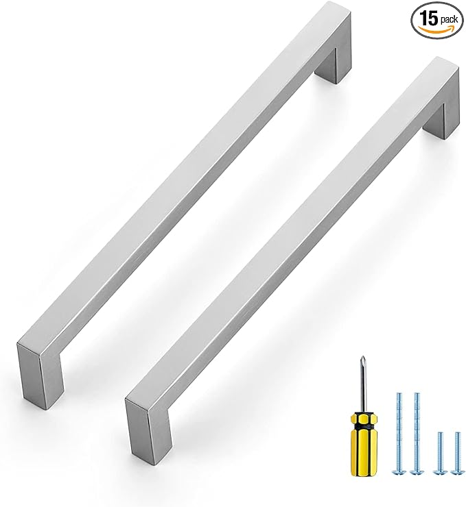 Ravinte 15 Pack Brushed Nickel Kitchen Cabinet Handles 8 Inch Cabinet Pulls Square Kitchen Hardware for Cabinet Drawer Pulls Drawer Handles Come with Screwdriver