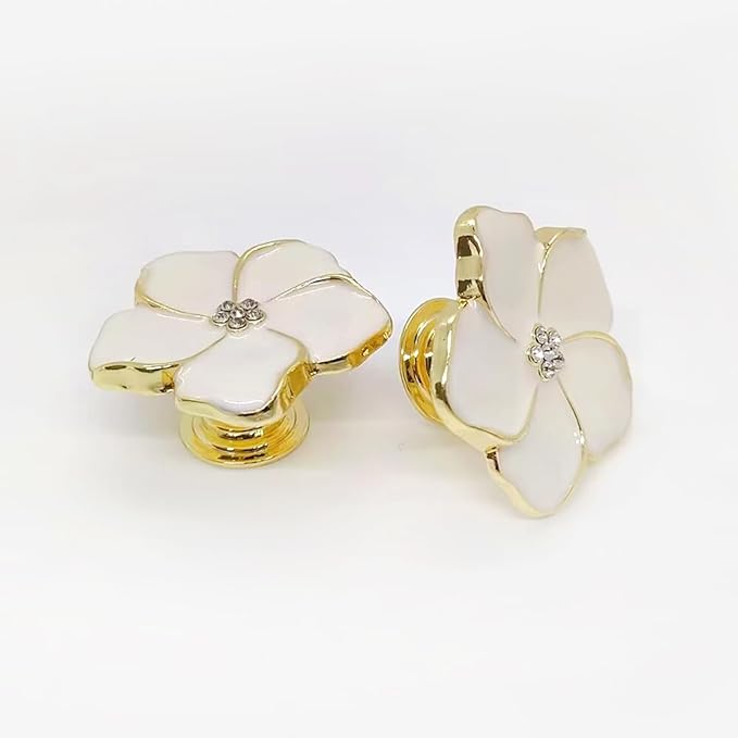 4 White Flower Petal Handles Kitchen Cabinet Knobs & Drawer Pulls (Gold, 8 Screws)