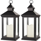 Bright Zeal 2-Pack 14" Decorative Candle Lantern Black Outdoor Lanterns with Timer Candles - IP44 Waterproof Vintage Lanterns Battery Powered LED Decorative for Wedding - Warm White Hanging Wall