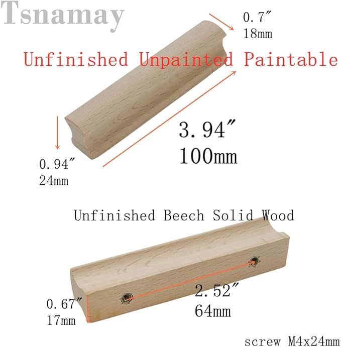 2Pcs Unfinished Beech Wood Solid Furniture Pulls Handles,Unfinished Unpainted Paintable Wooden Handles Cupboard Closet Drawer Handle Pull,Length 3.94",Hole Dis.2.52"