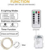 4 Pack 100 LED Fairy Lights Battery Operated with Remote, 33FT Waterproof Twinkle Lights with Timer & 8 Modes, Fairy String Light Outdoor Indoor for Bedroom Classroom DIY Christmas Decor (Multicolor)