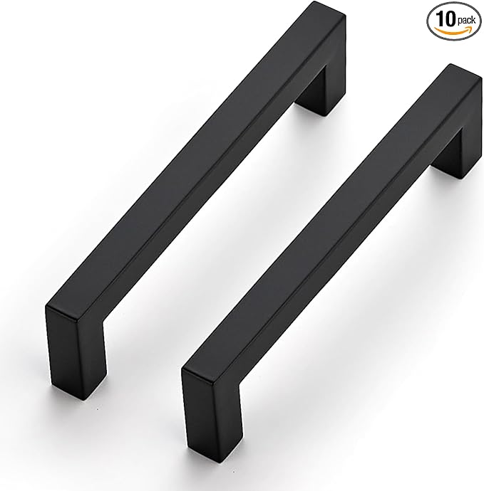JOY DECOR 10 Pack Cabinet Handles, Black Cabinet Pulls, 5 Inch Kitchen Closet Handles Square Drawer Pulls Stainless Steel Drawer Hardware, 128mm Hole Centers