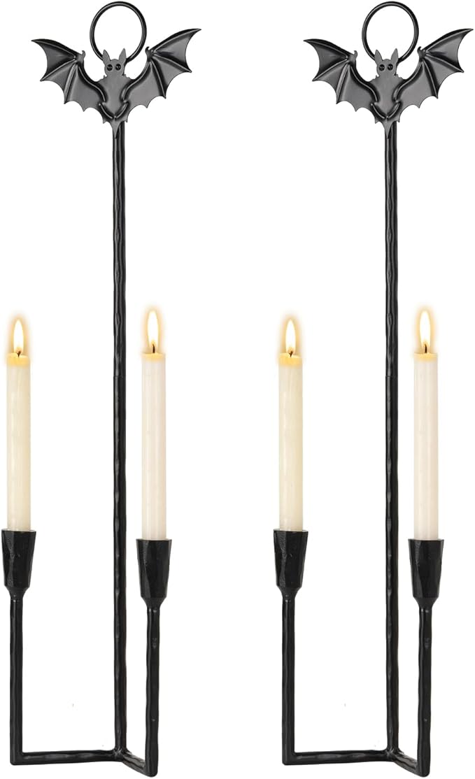 Wall Sconce Candle Holder Metal Hanging Wall Decorations Gothic Bat Wall Light Candle Holder for Home,Living Room, Bathroom, Dining Room, Set of 2（Black