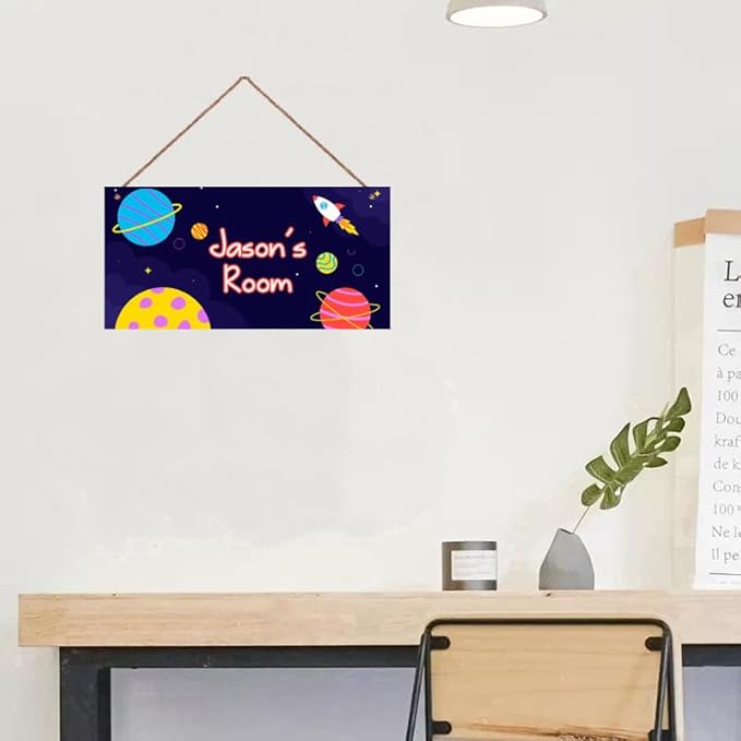 Personalized Outer Space Sign Universe Theme Door Décor For Kids Room Custom Name Little Man Cave Wall Art Decor, Planet Rocket Floral Nursery Art Plate For Girls Room Boys Bedroom