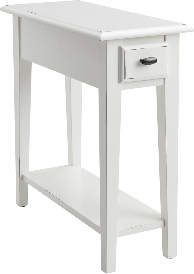 Haven Ridge Narrow End Table, Solid Wood Side Table with Drawer and Shelf, Farmhouse White, Perfect for Living Rooms, Bedrooms, and Small Spaces – Leick Home, 214361