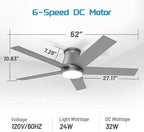 wurzee 52 Inch Flush Mount Ceiling Fan, Matte Silver Ceiling Fan with Light, Reversible DC Motors, Dimmable,Timer, Noiseless, Ceiling fan for Indoor & Outdoor Farmhouses, Dining Rooms