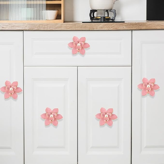 4 Pcs Petal Cabinet Knobs，Zinc Alloy Flower Shape Single Hole Knob with Screws for Dresser Handles Cabinet Wardrobe Door Handle Decorative Furniture (Pink Flower Pearl)