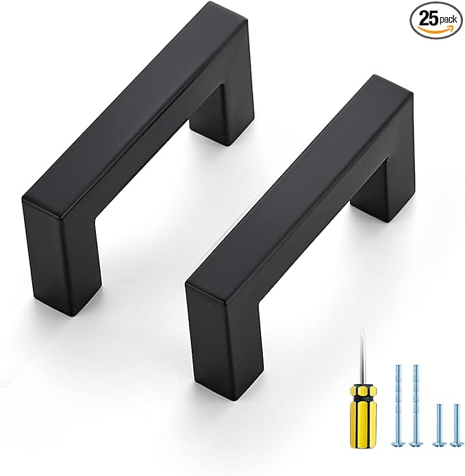 Ravinte 25 Pack Black Cabinet Pulls 2-1/2 Inch Square Kitchen Cabinet Handles Matte Black Kitchen Hardware for Drawer Pulls Drawer Handles Come with Screwdriver