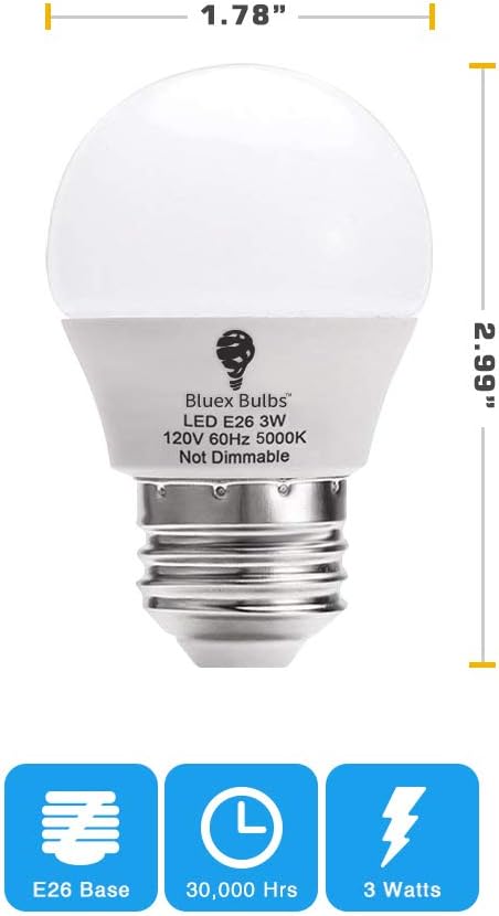 8 Pack BlueX 3W G14 LED Light Bulb 5000K Daylight - 25W Equivalent - E26 Base 120V - Small Night Light Bulbs for Bedroom, Ceiling Fan, Table Lamp, Kitchen, Pendant Fixtures, Dinning Room