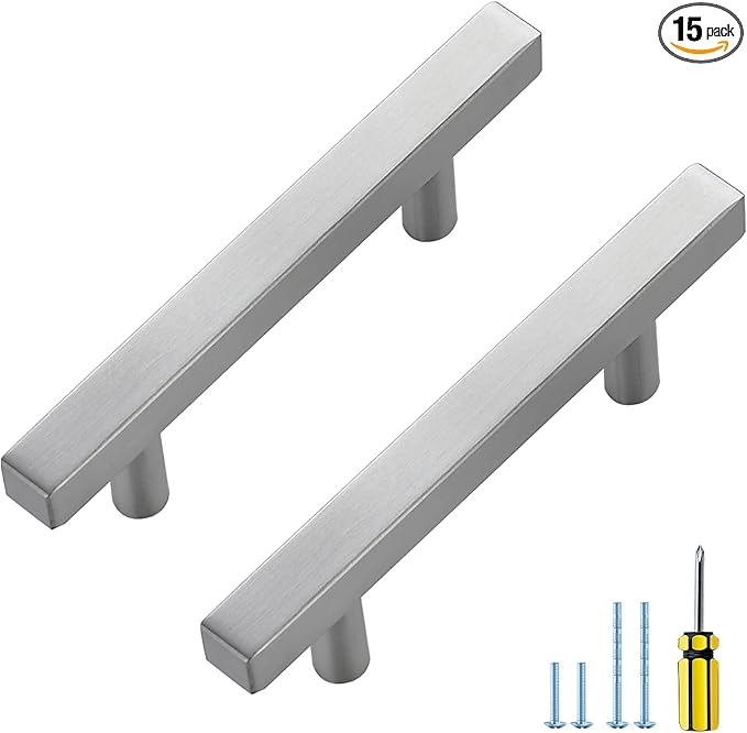 Ravinte 15 Pack Cabinet Handles 3 Inch Brushed Nickel Cabinet Pulls Square Hardware for Kitchen Cabinets - 5 Inch Total Length