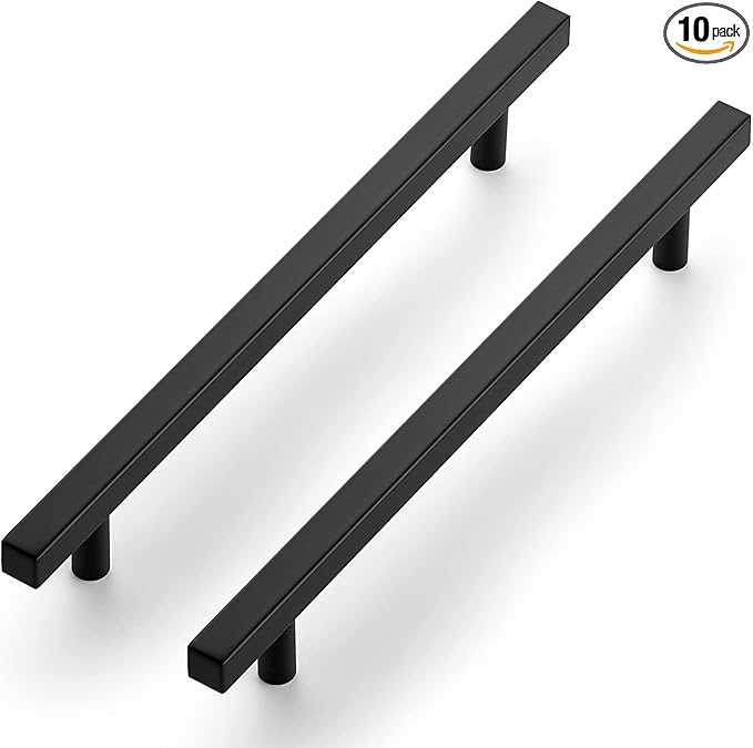 Ravinte Black Cabinet Handles 10 Pack - 7-1/2 Inch Matte Square Pulls, 10 Inch Overall Length - Kitchen Hardware Drawer Pulls