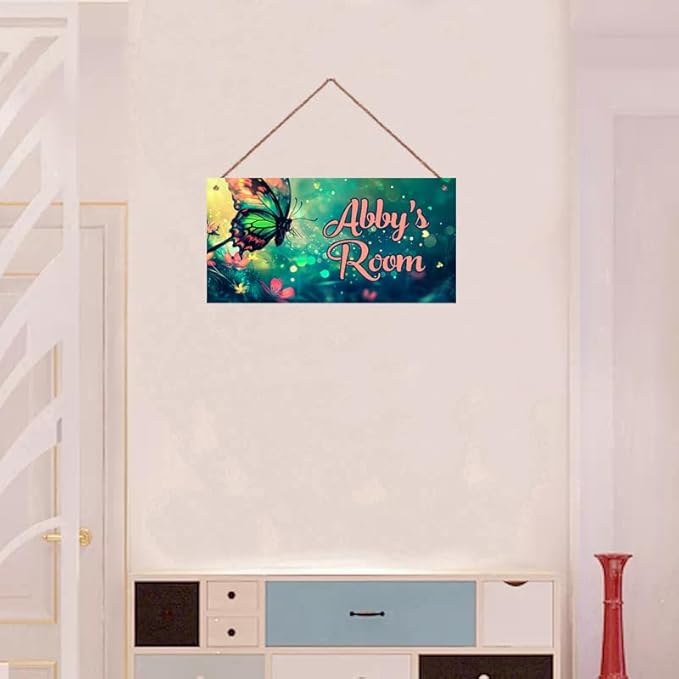 Personalized Butterfly Sign Flowers Painting Art Décor For Kids Room Custom Name Door Wall Decor, Floral Nursery Art Plate For Boys Room Girls Bedroom