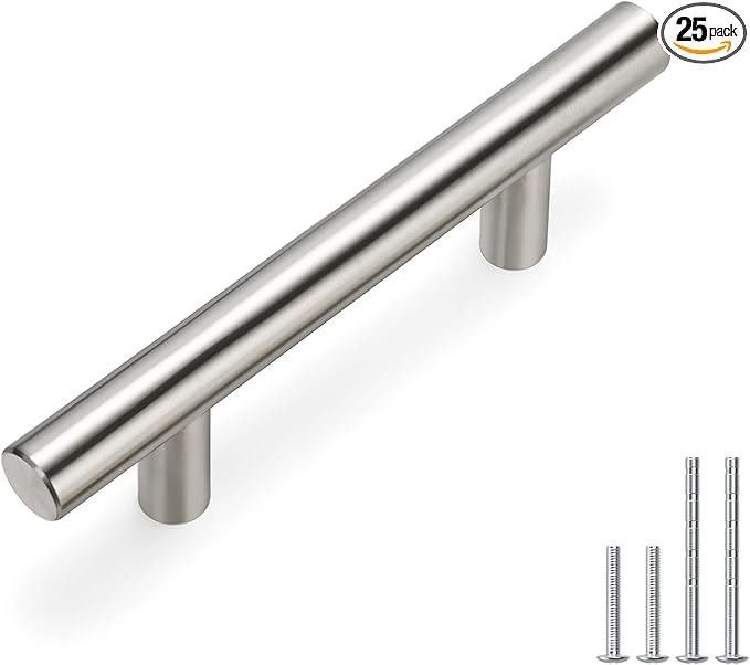 homdiy 25 Pack |Cabinet Handles Brushed Nickel Cabinet Pulls Cabinet Hardware 2-1/2in Hole Centers Drawer Pulls Kitchen Cupboard Euro T Bar Dresser Pulls 201SN