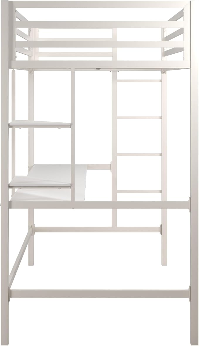 Novogratz Maxwell Metal Twin Loft Bed with Desk & Shelves, Off White/Off White