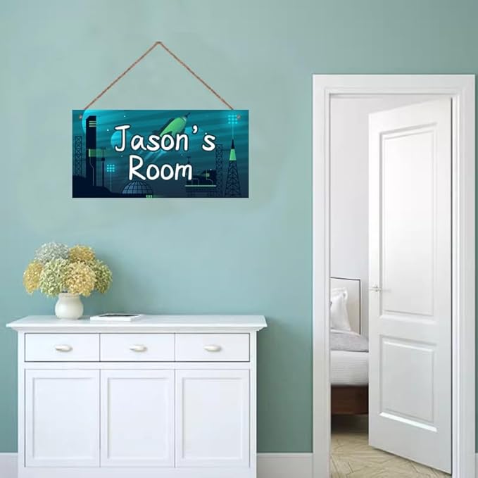 Personalized Sign Rocket Theme Wall Art Decor For Kids Room Custom Name Universe Star Door Décor For Little Man Cave, Starry Sky Nursery Art Plate For Boys Room Girls Bedroom
