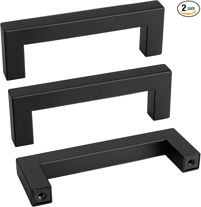 Goldenwarm 2 Pack Black Cabinet Pulls Drawer Handles Stainless Steel Modern Hardware for Kitchen and Bathroom Cabinets Cupboard,Center to Center 3-1/2in (90mm) Square Bar Cabinet Pull