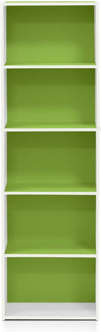 Furinno LUDER Book Shelf, 5-Tier Bookshelf, Bookcase, 9.4" x 15.8" x 52", for Living Room, Bedroom, Home Office, White/Green