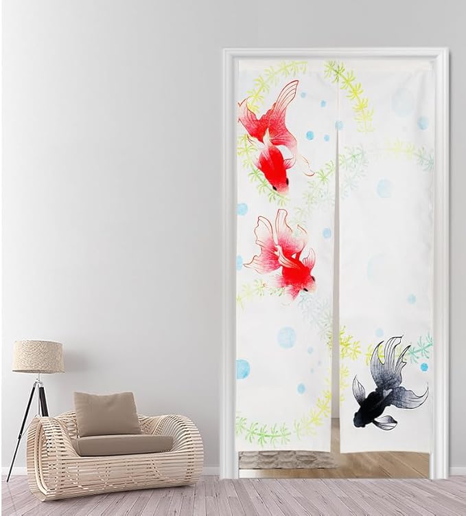 Noren Japanese Style Doorway Curtain with a Picture of Japanese Goldfish Printed on it (pattern1)