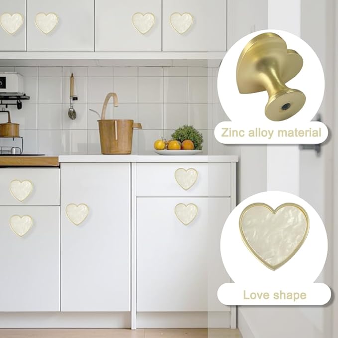 6 Pcs Brass Knobs Drawer Pulls Handles Heart-Shaped Gold Cabinet knobs, Suitable for Bathroom Drawer Kitchen Door Pulls Handles Heart-Shaped Handles (White)